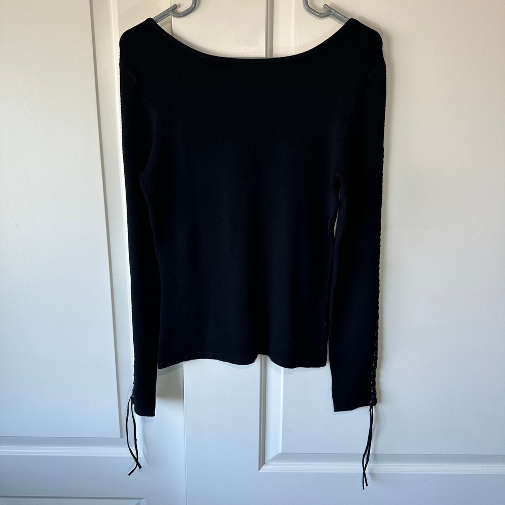 BCBGMAXAZRIA Knit Top Braided Detail Long‎ Sleeve Black Sweater Leather Medium